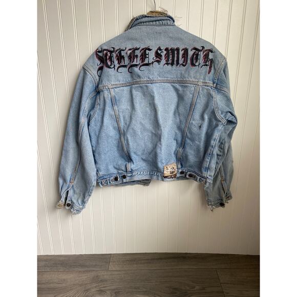 PEPE Blue Wash Denim Trucker Jacket Vtg 80s Leather Collar Grunge Distressed - Picture 1 of 9